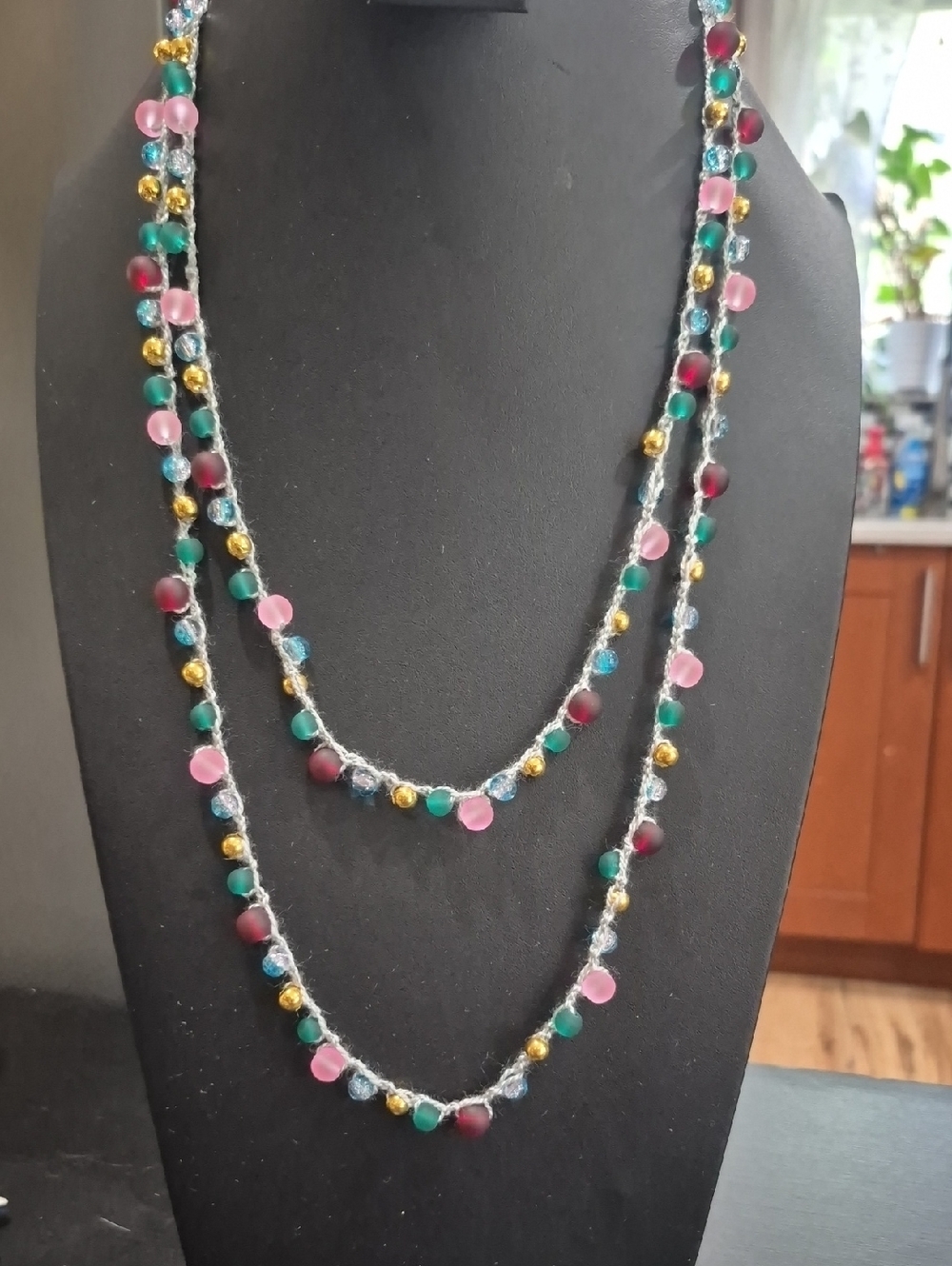 Hand crocheted Boho Multicolor Beaded Glass Necklace - Pink, Teal, Gold